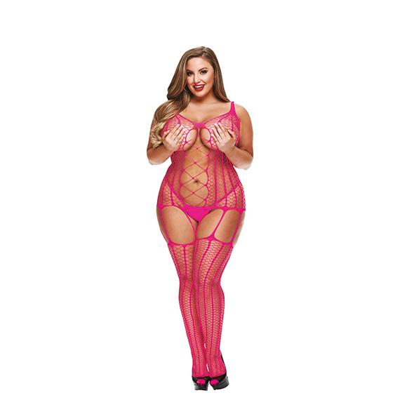 Lapdance – Criss Cross Bodystocking with Garters Hot Pink Plus