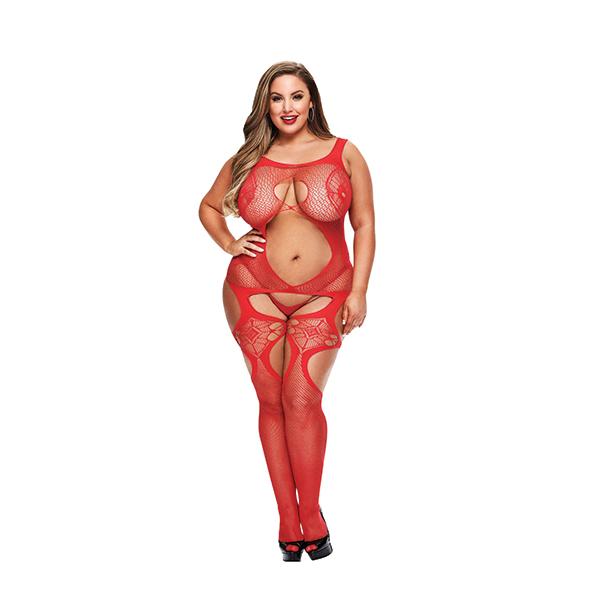 Lapdance – Open Front Lace Bodystocking Red Plus